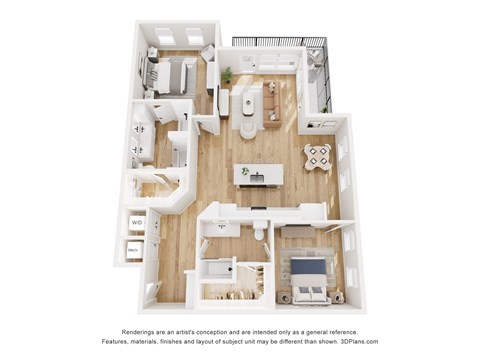 Floor plan for 2 beds, 2 baths, 1365 sqft
